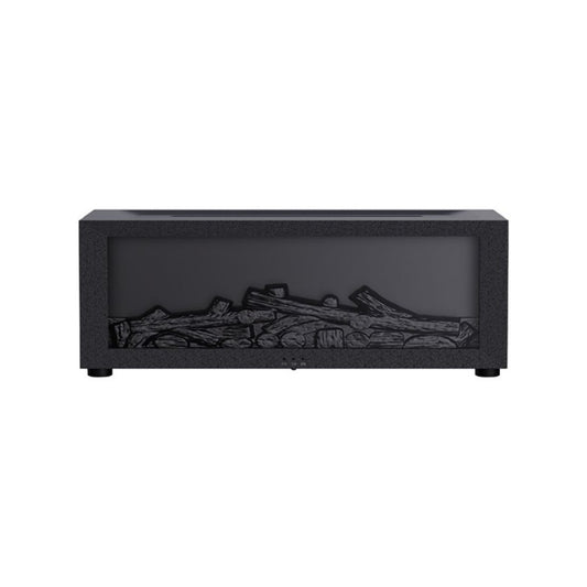 Black fireplace aroma diffuser showing decorative log design, unlit