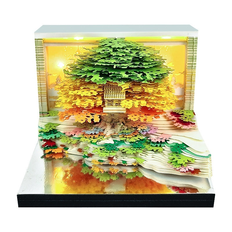3D treehouse memo pad with clear acrylic display case and black gift box packaging