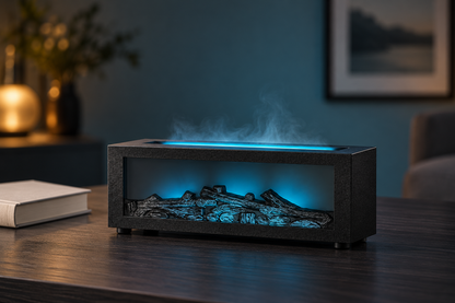 Black fireplace aroma diffuser in an AI-styled cool-light desk setting