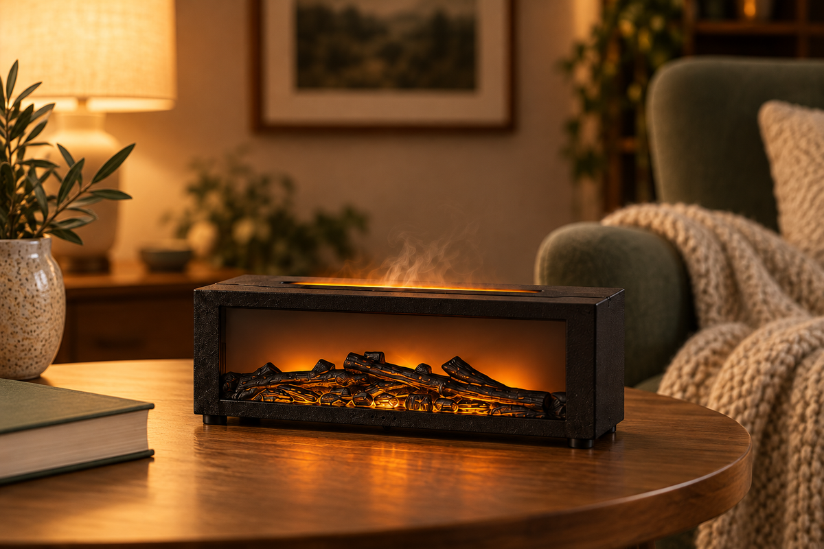 Black fireplace aroma diffuser in an AI-styled warm reading corner