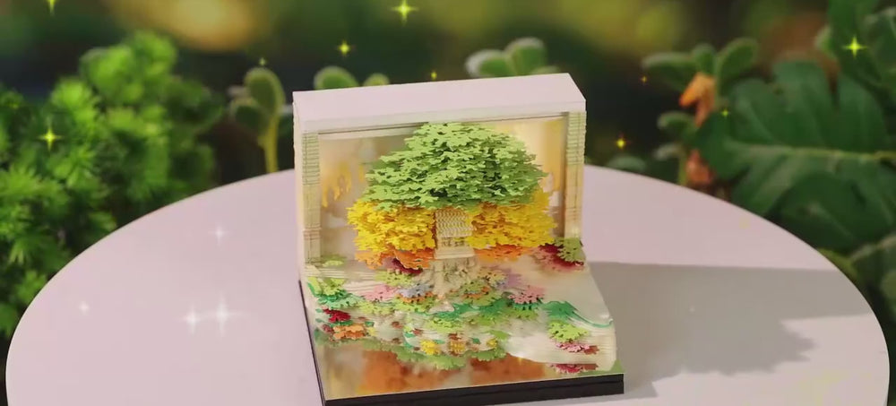 Treehouse memo pad: reveal process, writing a note, display case and colour options